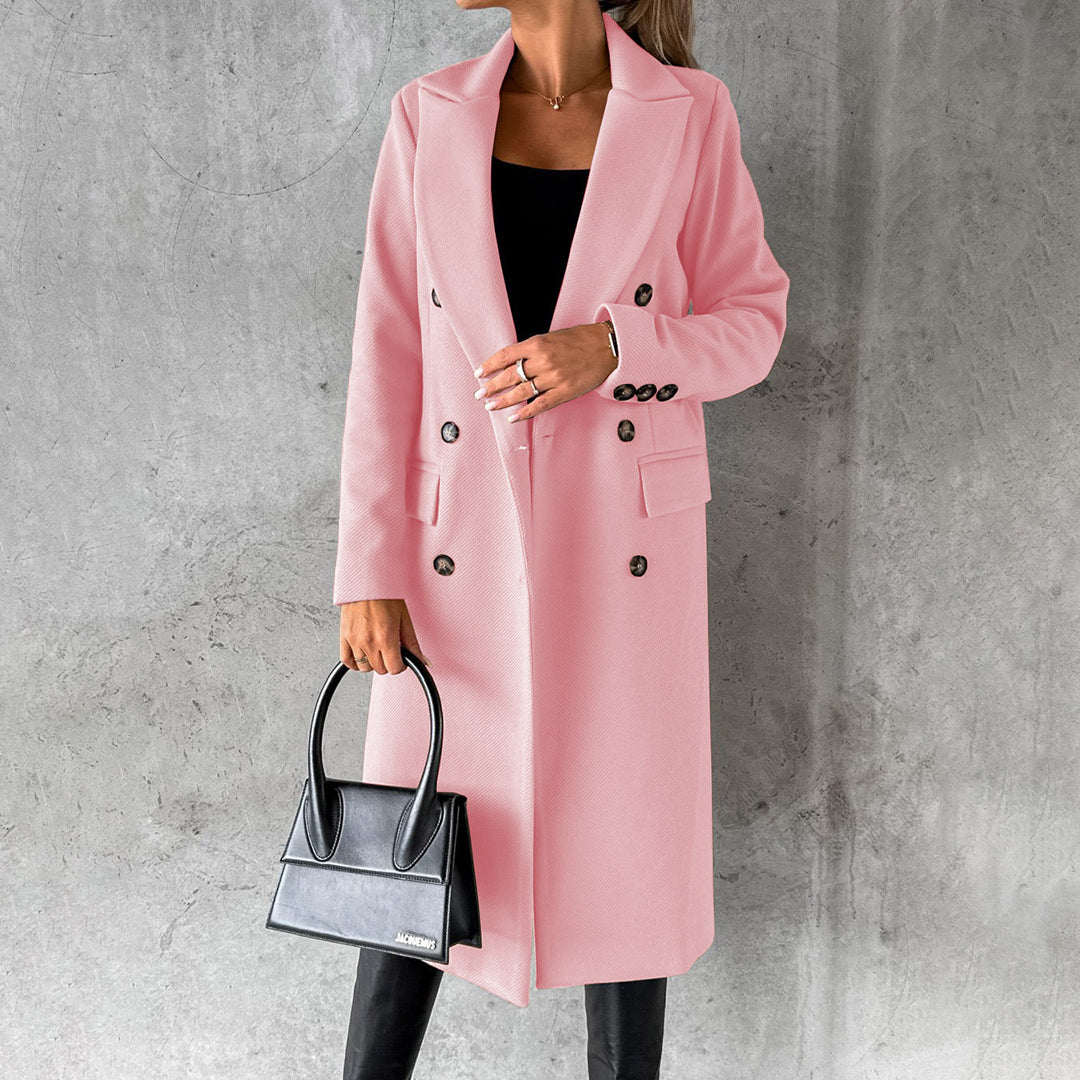 Women's Double-Breasted Long Coat | Sophisticated Lapel Collar Overcoat for Formal & Winter Elegance