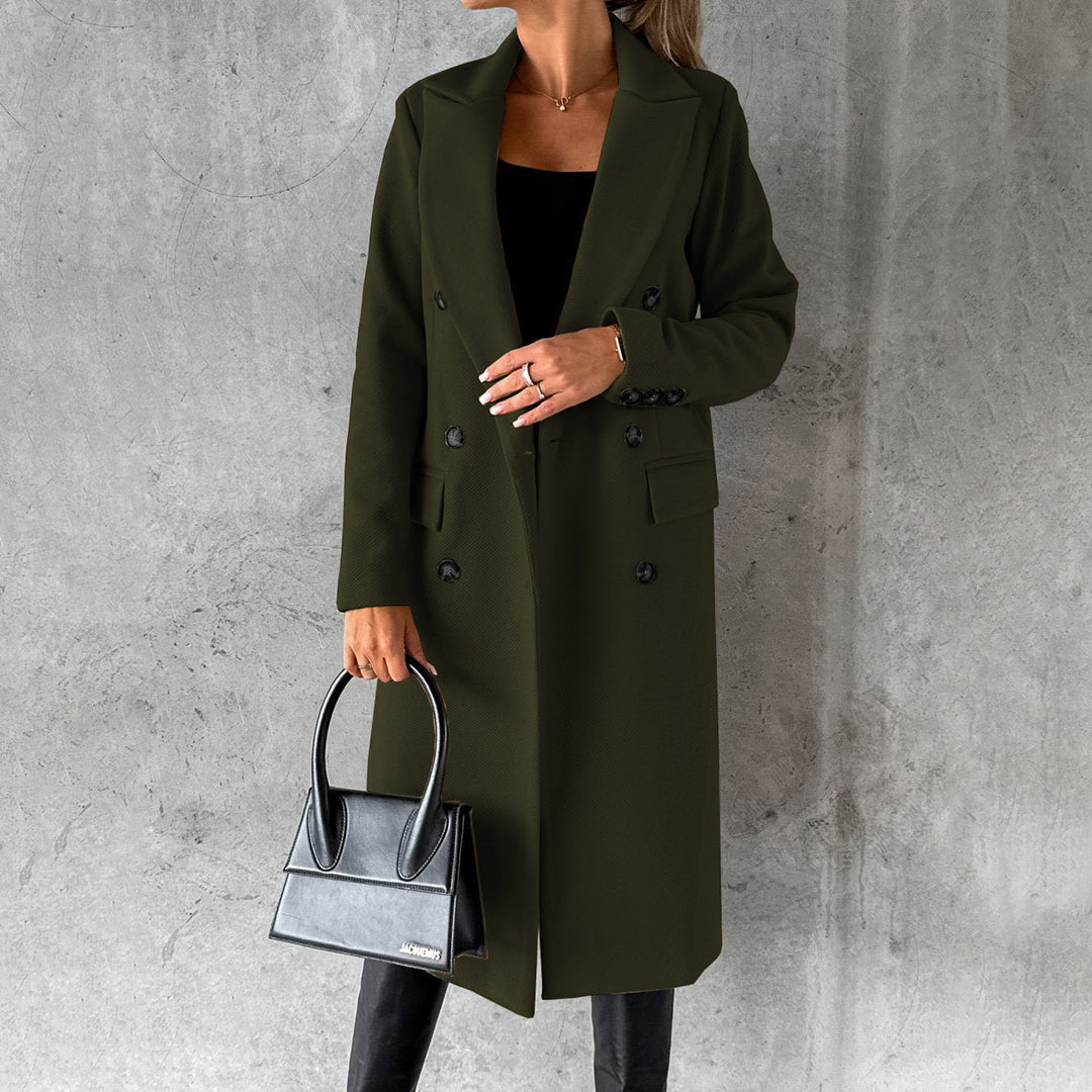 Women's Double-Breasted Long Coat | Sophisticated Lapel Collar Overcoat for Formal & Winter Elegance