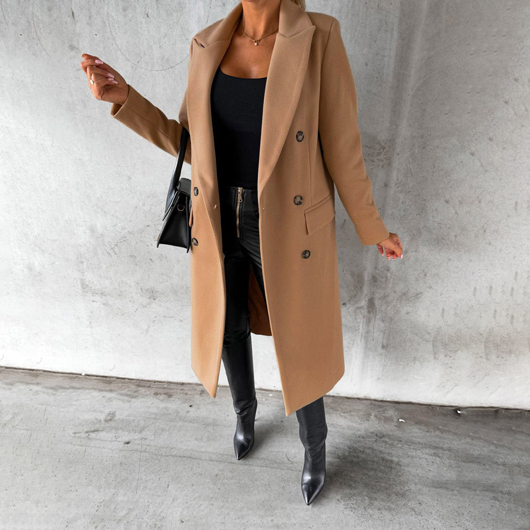 Women's Double-Breasted Long Coat | Sophisticated Lapel Collar Overcoat for Formal & Winter Elegance