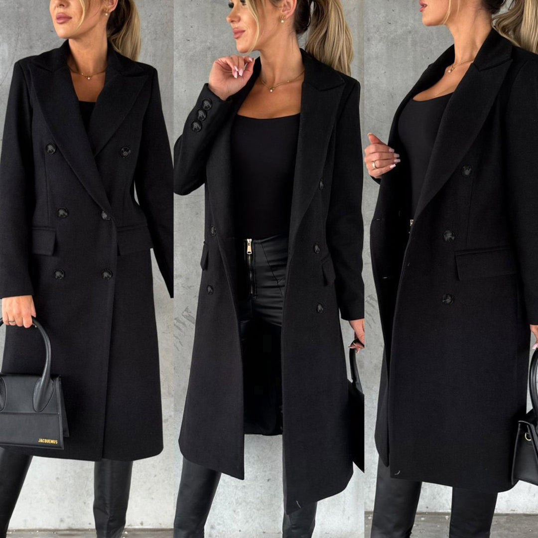 Women's Double-Breasted Long Coat | Sophisticated Lapel Collar Overcoat for Formal & Winter Elegance