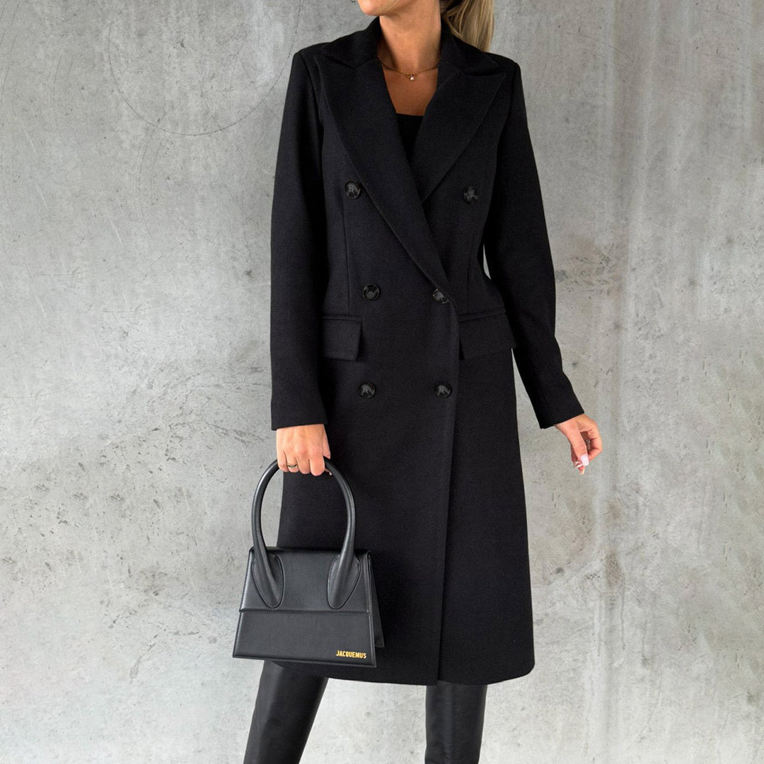 Women's Double-Breasted Long Coat | Sophisticated Lapel Collar Overcoat for Formal & Winter Elegance