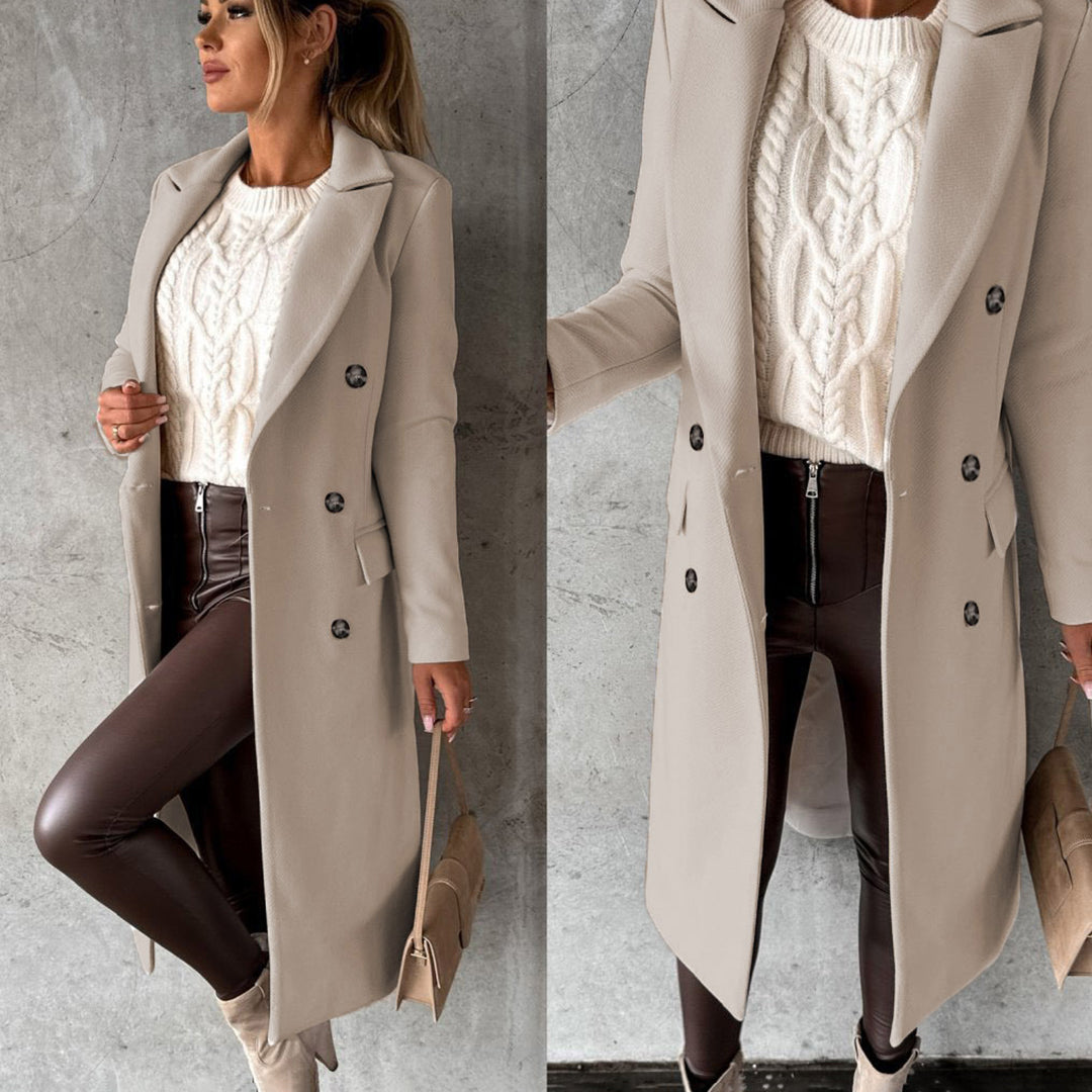 Women's Double-Breasted Long Coat | Sophisticated Lapel Collar Overcoat for Formal & Winter Elegance