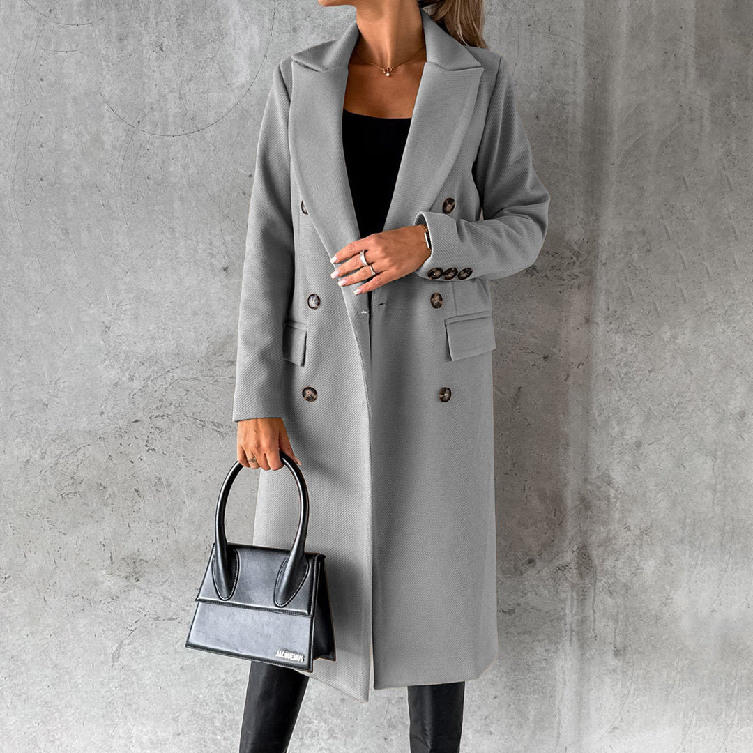 Women's Double-Breasted Long Coat | Sophisticated Lapel Collar Overcoat for Formal & Winter Elegance